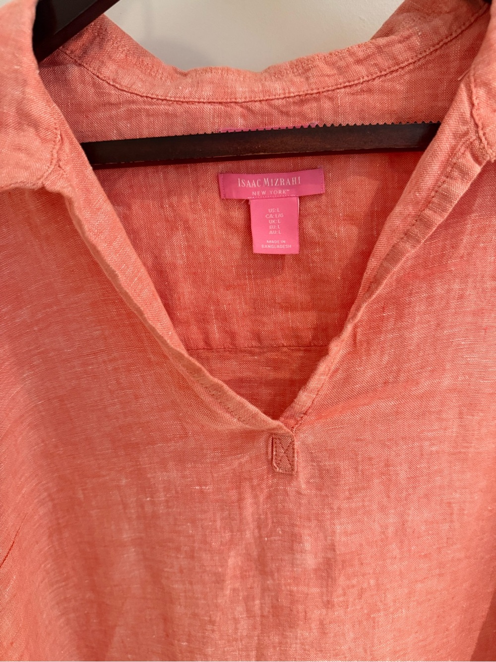 Isaac Mizrahi 100% Linen Pullover V-Neck Collared Top Side Ties 3/4 Sleeves L - Picture 2 of 6